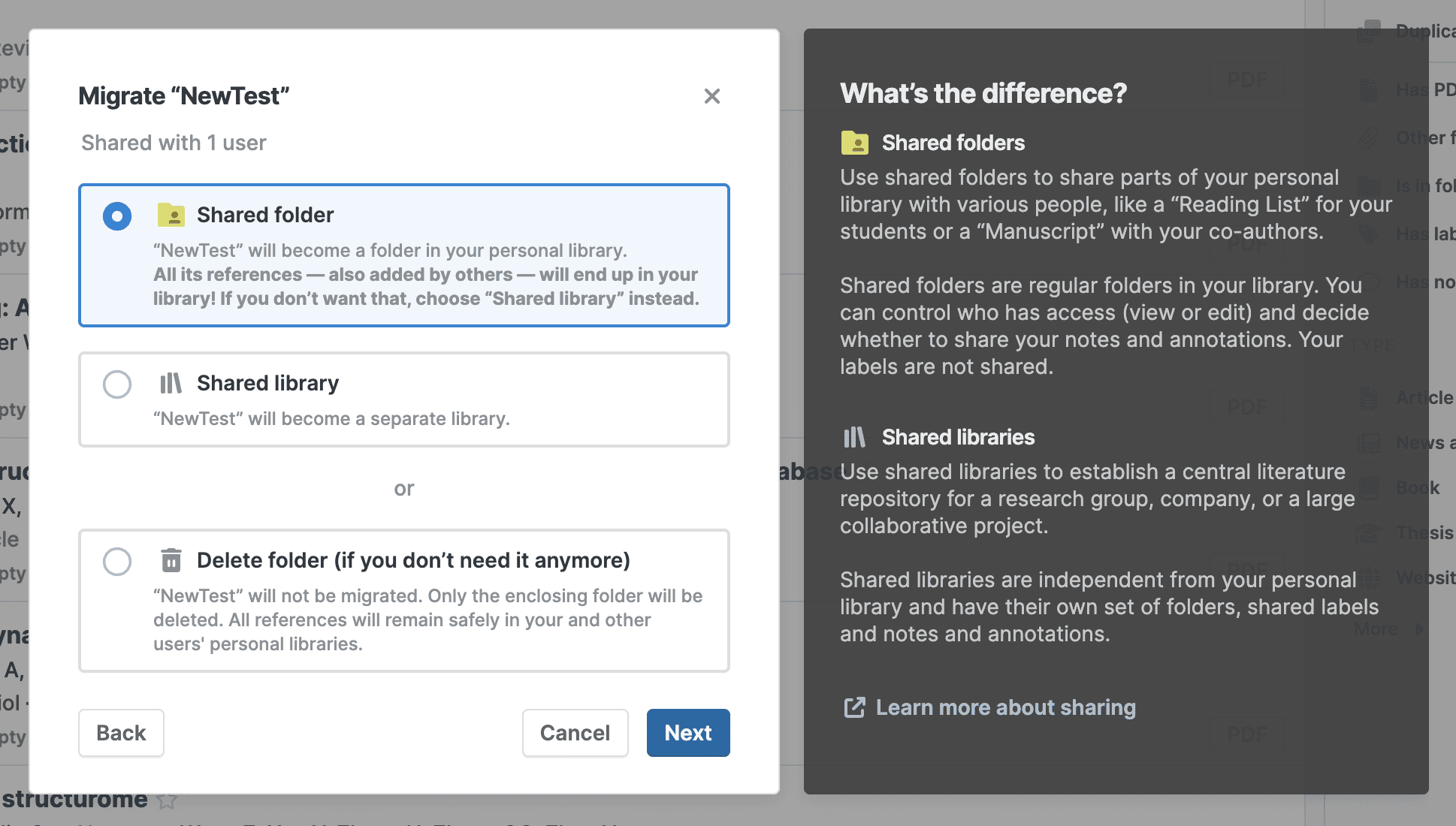 A “Migrate ‘NewTest’” dialog offering to convert the folder to a shared folder (selected), to a shared library, or to delete it, beside a “What’s the difference?” panel explaining shared folders versus shared libraries.